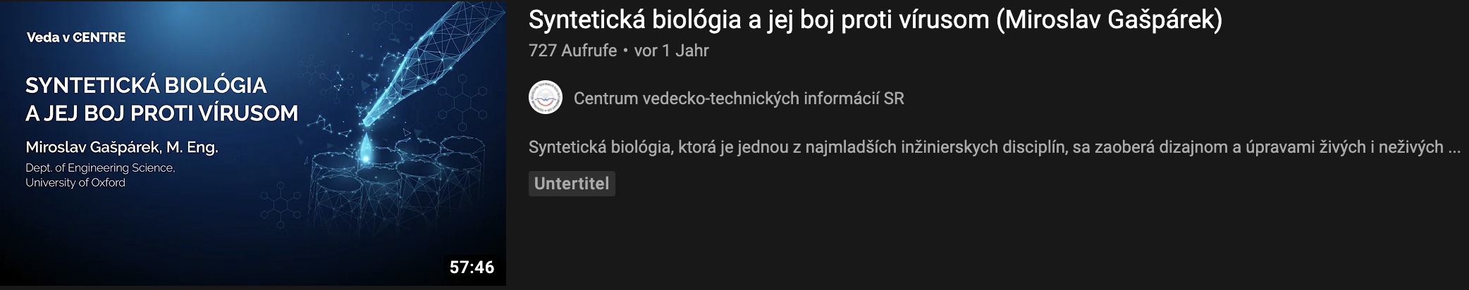 Miroslav Gasparek synteticka biologia YouTube